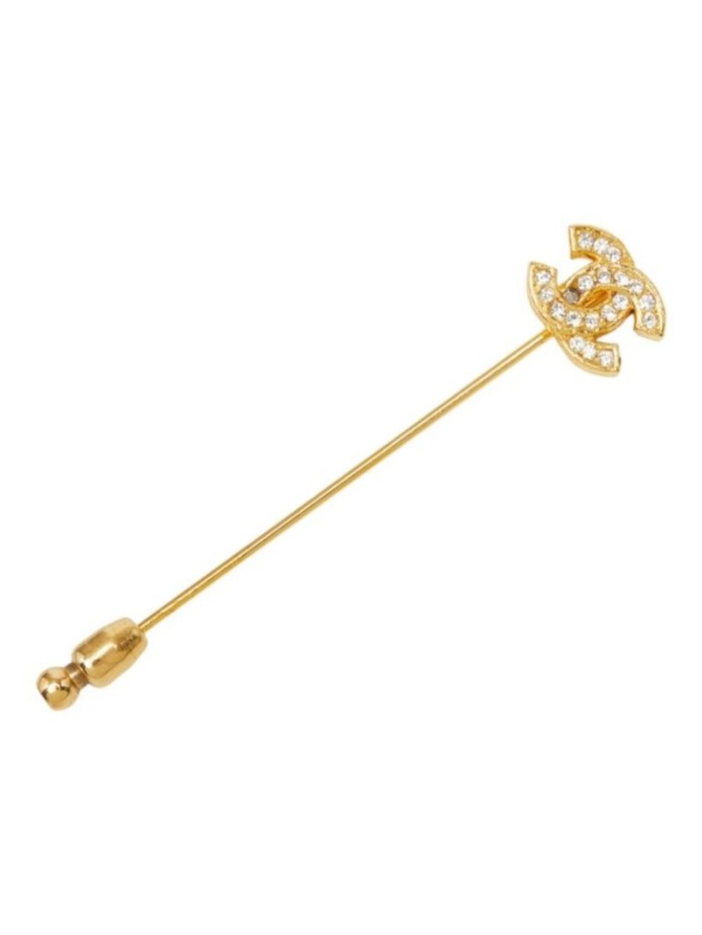 Chanel CC Logo Pin Brooch Stick Pin Gold Plated Rhinestone